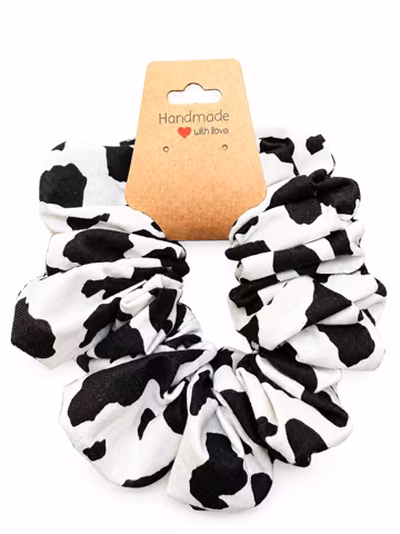 Cow Print Cotton Scrunchie · Black and White Spot Handmade Hair Tie · Western Style Gift for Her