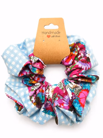 Light Blue Gingham and Wildflower Cotton Scrunchie · Two Fabric Handmade Hair Tie · Gift for Her