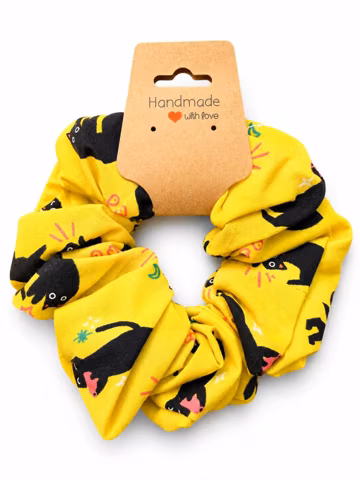 Black Cat Cotton Scrunchie in Yellow · Handmade Hair Tie for Feline Lovers · Halloween Gift Idea