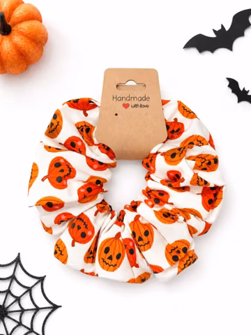Orange Pumpkin Face Cotton Scrunchie · Cream Halloween Handmade Hair Tie · Trick or Treat Gift