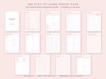 Stay at Home Mom Planner Bundle Printable | 14 Page Home Management Pack | Daily Weekly Meal Planner Cleaning Checklist | A4 US Letter