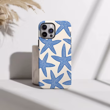 Handyhülle Seestern Muster Blau Creme | Maritimes Sommer Design | iPhone Hülle für 16, 15, 14, 13, 12, 11 Pro Max, Plus & Mini