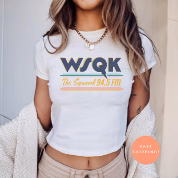 WSQK The Squawk 94.5 FM Baby Tee, Retro Radio Crop T Shirt, Vintage 80s Sci Fi Fandom Graphic Top, WSQK Radio Logo Tee