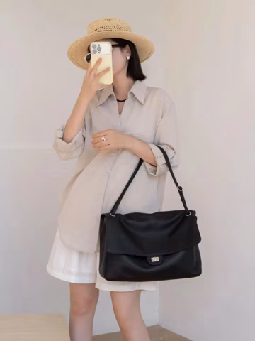 Maxi Flap Black Leather Hobo Shoulder Bag Top Grain Cow Leather Slouchy Handbag Large Capacity Designer Armpit Bag Women Everyday Tote Purse