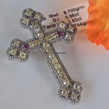 Natural Rose-Cut Diamonds, Cabochon Ruby & Diamond Accents Sterling 925 Silver Cross Brooch Pin Pendant
