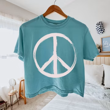 Comfort Colors® Peace Sign Boxy Crop Tops, Retro Distressed Peace Symbol Crop Tee, Peace Sign Tshirt