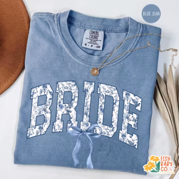 Blue Toile Floral Bride Shirt, Comfort Colors Bridal Tee, Chinoiserie Style Engagement Gift