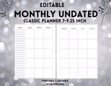 Undated Monthly Planner Printable | Fillable Monthly Calendar | 7x9.25 PDF