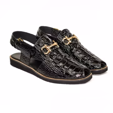 Handmade Black Alligator Embossed Leather Peshawari Chappal: Men's Authentic Sandals