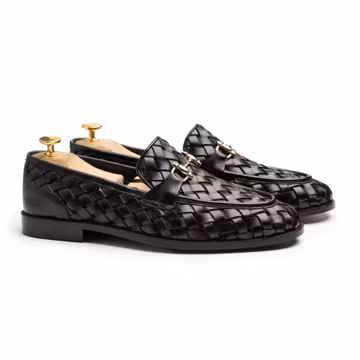 Black Woven Leather Loafers – Handmade Men’s Slip-On Shoes