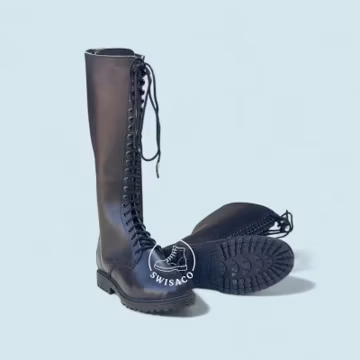 Handmade Black Leather Knee-High Combat Boots | Unisex Lace-Up Lug Sole