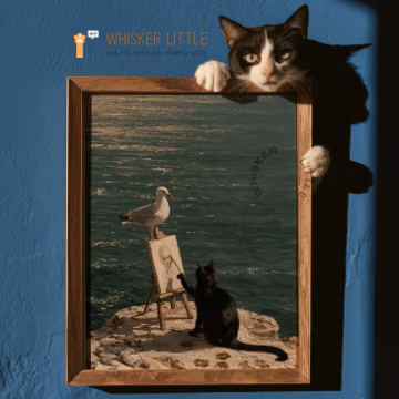 Coastal Black Cat Critic - Seagull Artist Easel Painting, Moody Seaside Humor Wall Art, Rustic Cottagecore, Printable Digital Download 98