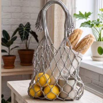 Handmade Macrame Market Bag, Durable Cotton Blend Tote, Reusable Grocery Mesh Bag, Sustainable Shopper
