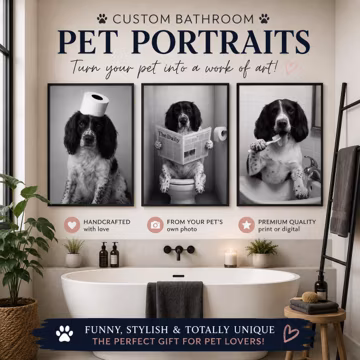 Custom Pet Portrait from Photo | Funny Bathroom Dog & Cat Portrait | Personalised Pet Wall Art | Unique Pet Lover Gift