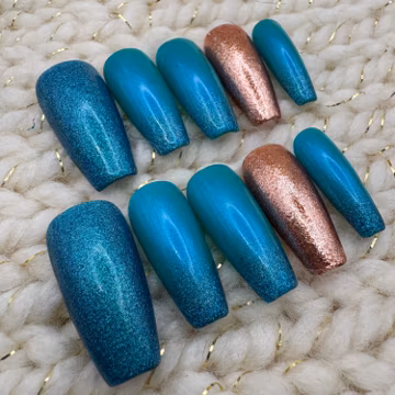 Ombrรฉ Glitter Turquoise and Copper Accent Custom Handmade Press On Nails - Any Shape, Extra Short to Long