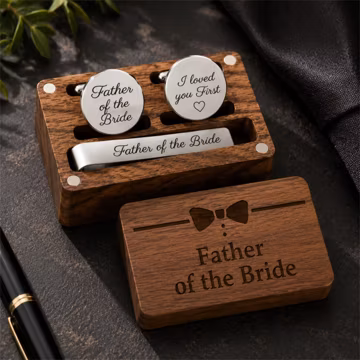 Personalized Wedding Cufflinks Set With Engraved Tie Clip Wooden Gift Box For Father Of The Bride