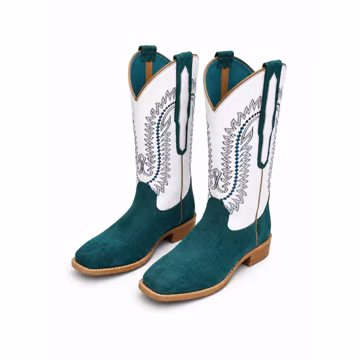Handmade Turquoise Suede Western Cowboy Boots, Embroidered Square Toe Rodeo Cowgirl Shoes