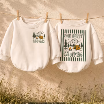 Personalized One Happy Camper Baby Romper, Camping First Birthday Outfit, Custom Woodland Baby Bodysuit, Adventure Baby Gift