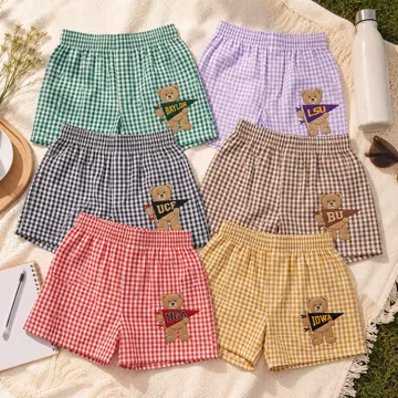 Embroidered College Bear Pennant Gingham Plaid Shorts, School Spirit Shorts, College Student Game Day Apparel, Custom University Bear Shorts