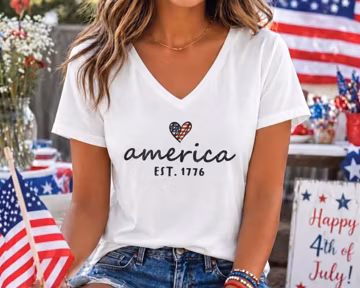 Womens Patriotic America V Neck Shirt, 4th of July Women Vneck Tshirt, Cute 4th of July Shirt, Vintage Style Independence Day VNeck Tee