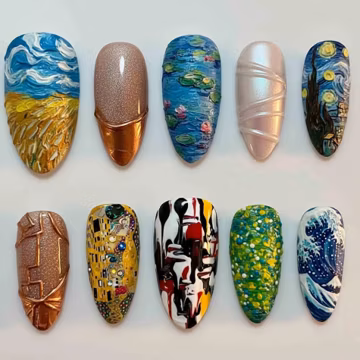 Handmade Artistic Press On Nails | Starry Night, Monet Water Lilies, Klimt Kiss & Hokusai Wave Designs | Almond Nails Art Vibe