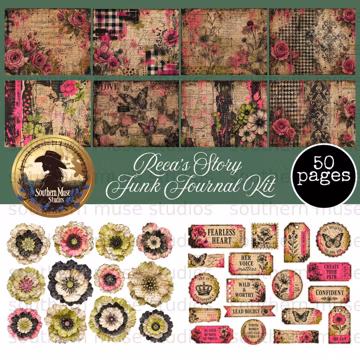 Junk Journal Kit Digital Paper, Vintage Botanical Scrapbook Pages, Shabby Chic Floral Ephemera Pack, 50 Pages, grungy papers, pink, green