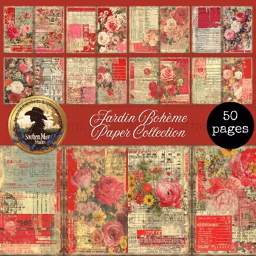 Jardin Boheme Digital Paper Pack, 50 Vintage Rose Journal Pages, Printable Floral Collage Sheet, Red Pink Grunge Scrapbook Kit, Instant