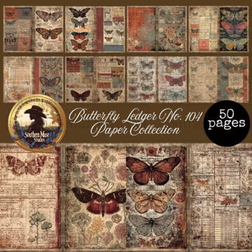 50 Junk Journal Digital Papers, Vintage Butterfly Ledger Pages, Grungy Botanical Ephemera Kit, Instant Download for Scrapbooking, collage
