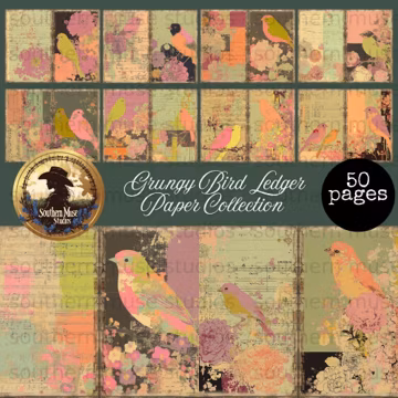 Grungy Bird Ledger Papers Digital Kit | 50 Junk Journal Pages PDF for Scrapbook, Collage Art, Instant Download Supplies, aviary scrapbook
