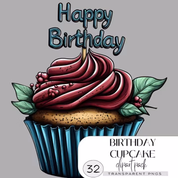 32 Happy Birthday Cupcake Clipart, Party PNG Bundle, Digital Download, Printable Watercolor clipart, High Quality Paper craft, Junk journals