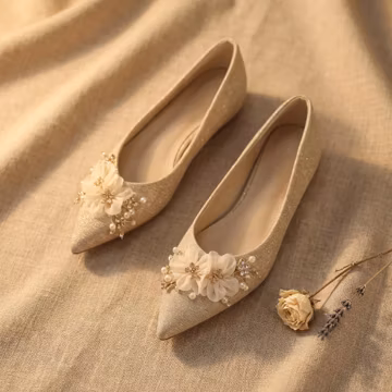 Floral bridal flats, Sparkly wedding shoes, Pointed toe flats for bride, Beige wedding shoes, Closed toe bridal shoes, Reception shoes
