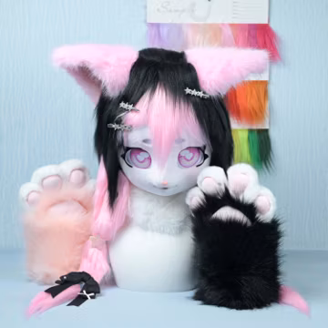 Custom Cat Fursuit Head Black Pink Fur Mask Handmade Furry Cosplay Head With Paws Cute Mascot Costume Kigurumi Kemono Style Gift