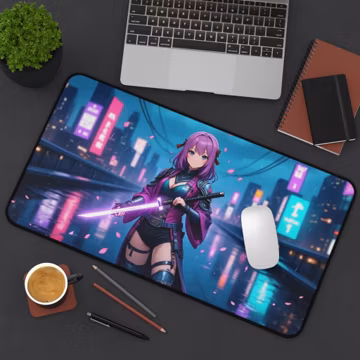 Anime Girl Desk Mat: Cyberpunk Warrior, Neon Cityscape, Gaming Mouse Pad