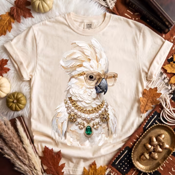 White Cockatoo PNG: Glam Cockatoo Portrait, Designer Glasses, Pearl & Emerald Jewelry Tropical Bird Clipart (Digital Download)