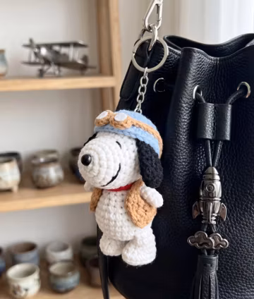 Cute Crochet Puppy Keychain, Handmade Amigurumi Puppy Aviator, Kawaii Dog Bag Charm, Cartoon Style Keyring, Gift for Dog Lovers