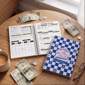 Undated Monthly Personalized Budget Planner: Checkered Piggy Bank Illustrated Financial Tracker
