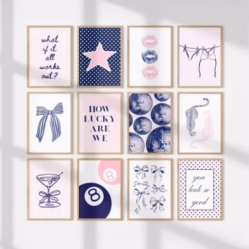 Pink and Navy Blue Set of 12 Prints, Cute Girly Gallery Wall, Trendy Cheetah Kiss Bow Star Wall Art, Pink Navy Dorm Decor, Digital Prints
