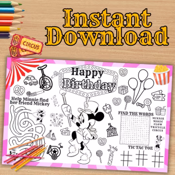 Minnie Circus Birthday Coloring Placemat Activity, Carnival (Digital File) - M09