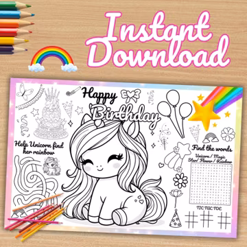 Unicorn Birthday Coloring Placemat, Rainbow Page (Instant Download)