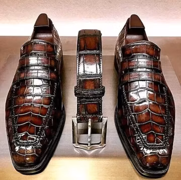 Handmade Brown Alligator Texture Loafers | Mens Penny Loafer Dress Shoes | Exotic Print Slip-On Footwear