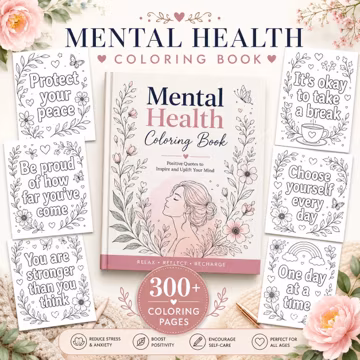 Motivational Quotes Mental Health Coloring Book, 300+ Self-Care Coloring Book, Positive Affirmations Coloring, Stress Relief Coloring Book