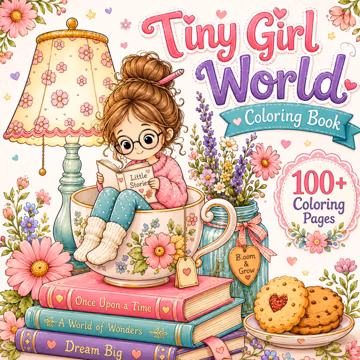 Tiny Girl World Coloring Book Miniature Scenes Whimsical Adventures magical garden coloring, Cute Magical Activity kawaii coloring book PDF