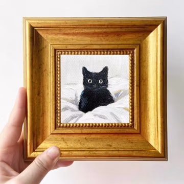Black Cat Mini Oil Painting - Hand-Painted Framed Art for Small Spaces