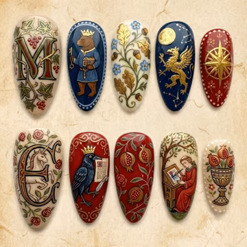 Medieval Press On Nails | Illuminated Manuscript Art Fake Nails | Dark Academia Renaissance Nails | Vintage Fairytale Gold Foil Gel Nails
