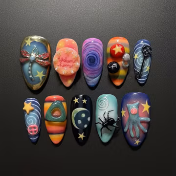 Coraline Inspired Press On Nails | Fantasy Galaxy Nail Art | Handmade 3D Button & Star Nails | Unique Cosmic Nail Set