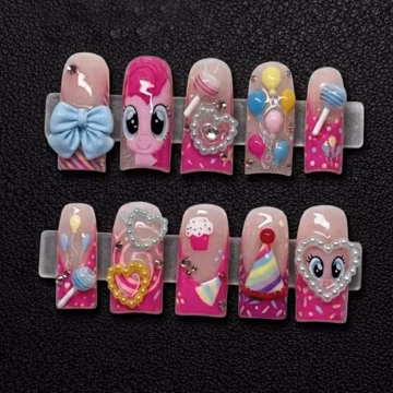 Handmade Pinkie Pie Press On Nails | 3D My Little Pony Cartoon Art | Kawaii Pink Aesthetic Sweet Birthday Party Candy Nails