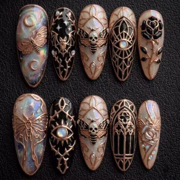 Mystical Gothic Press On Nails | Rose Gold Moth & Skull Theme | Dark Academia Witchy Aesthetic Ornate Frame Luxury Handpainted Nail Art
