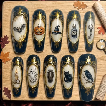 Handmade Gothic Halloween Press On Nails | Hand Painted Pumpkin Ghost & Raven Occult Art | Black Gold Spooky Coffin Designs
