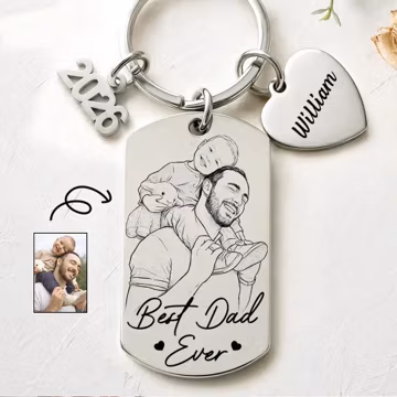 Personalized Photo Sketch Keychain For Dad, Custom Engraved Stainless Steel Keychain, Best Dad Ever Gift, Fathers Day Grandpa Keychain