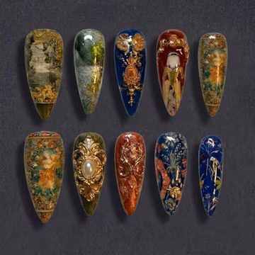 Handmade Baroque Tapestry Press On Nails | Luxury 3D Oil Painting Art | Unique Renaissance Dark Academia Aesthetic - Royal Blue & Amber Gold